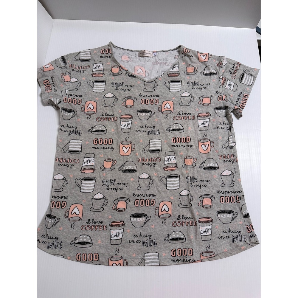 Enjoynight Womens Grey Coffee Print Pajama Top V-Neck Short Sleeve Sleep Shirt L
